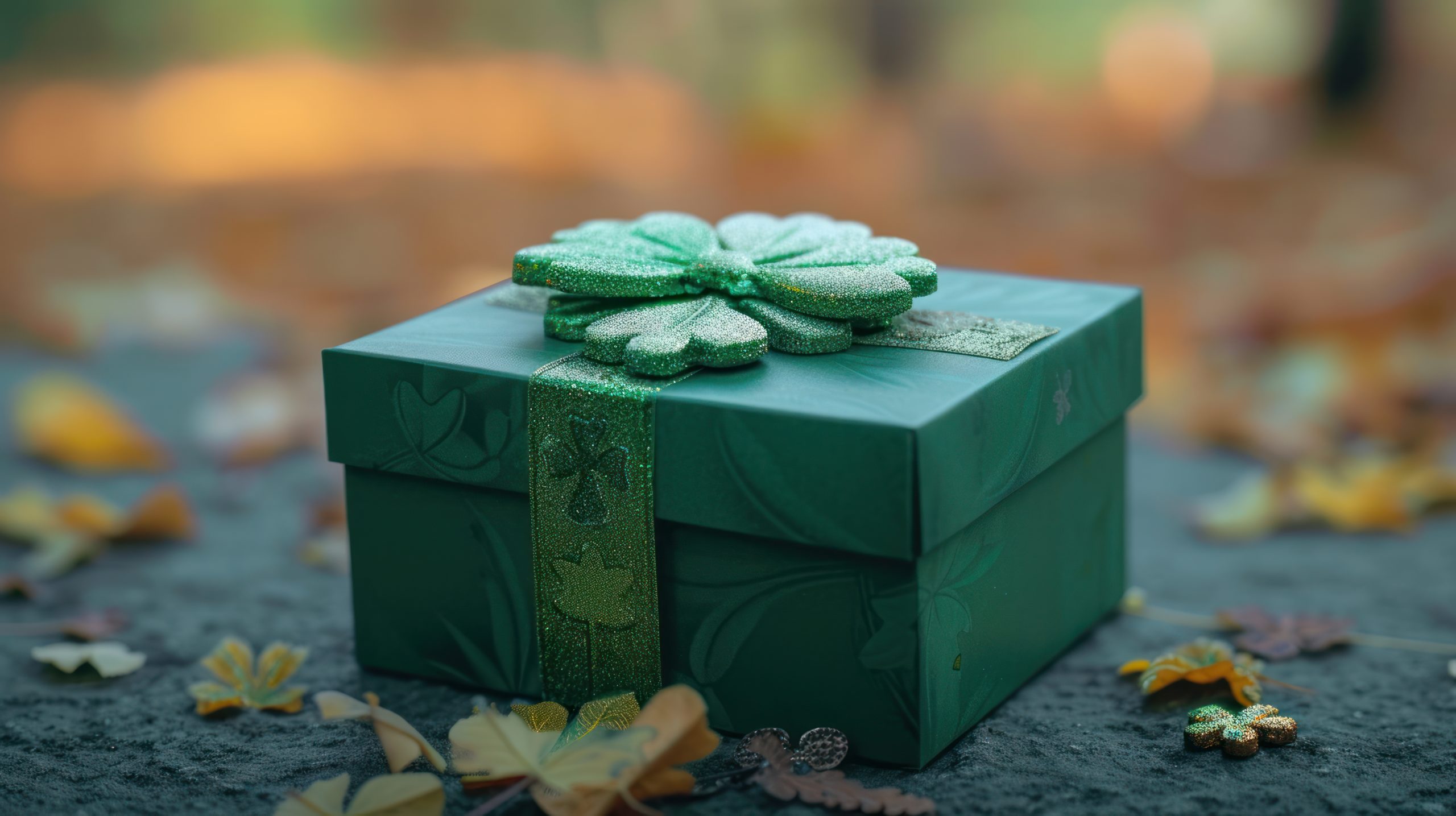 Saint Patrick's day holiday green gift box with shamrock decoration. Closeup view.